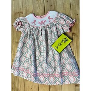 Smocked Dress Pink Gray White Pattern Breast Cancer Awareness Ribbons 18M